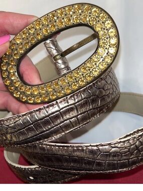 Silver metallic Reptile Skin 1” Belt Gold Rhinestone Gems Oval BUCKLE DRESSY LRG